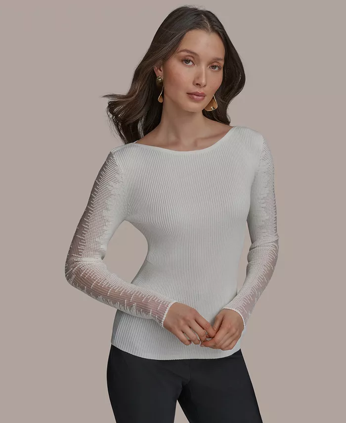 

Женский свитер с лодочкой и прозрачными рукавами Donna Karan New York, коричневый/бежевый