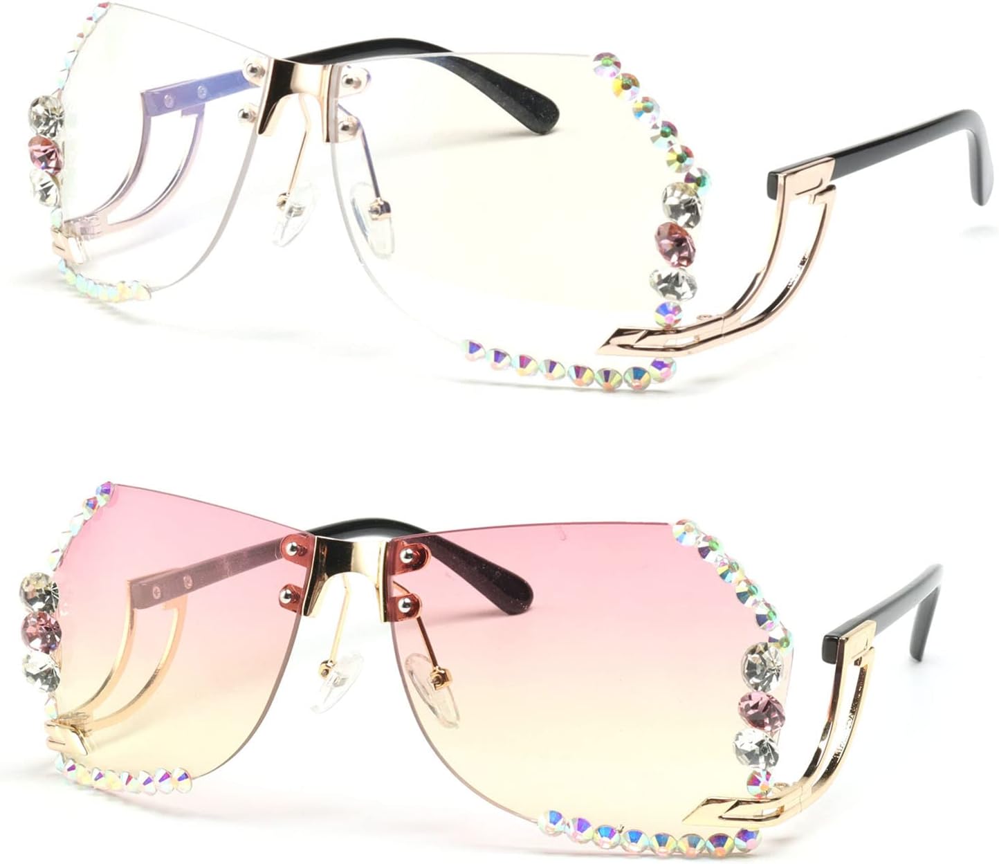 

Солнцезащитные очки Willochra без оправы со стразами, женские солнцезащитные очки большого размера без оправы с градиентными линзами и алмазной огранкой, для вечеринок, 2pcs-pink&clear