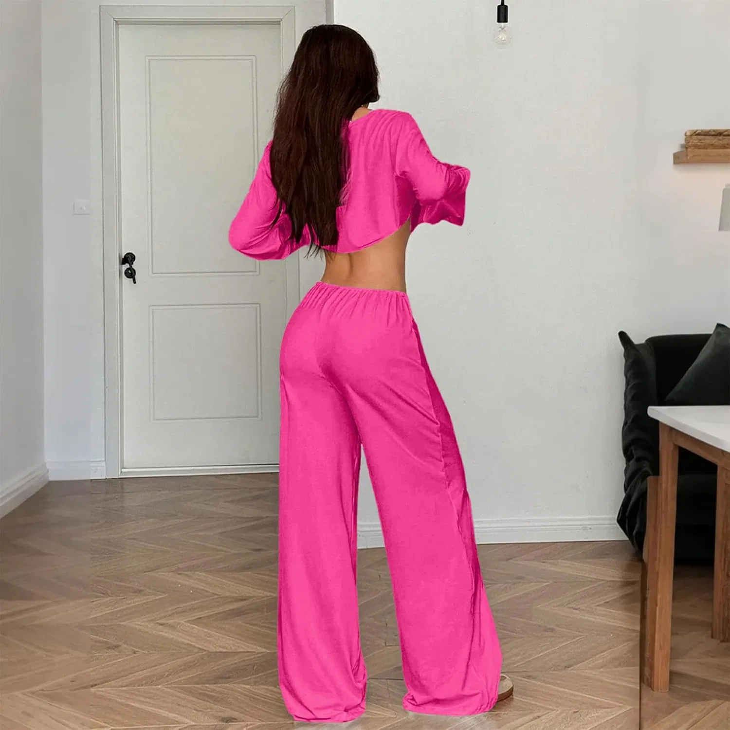 Женский спортивный костюм из толстовки и широких брюк, Hot Pink — фото 3