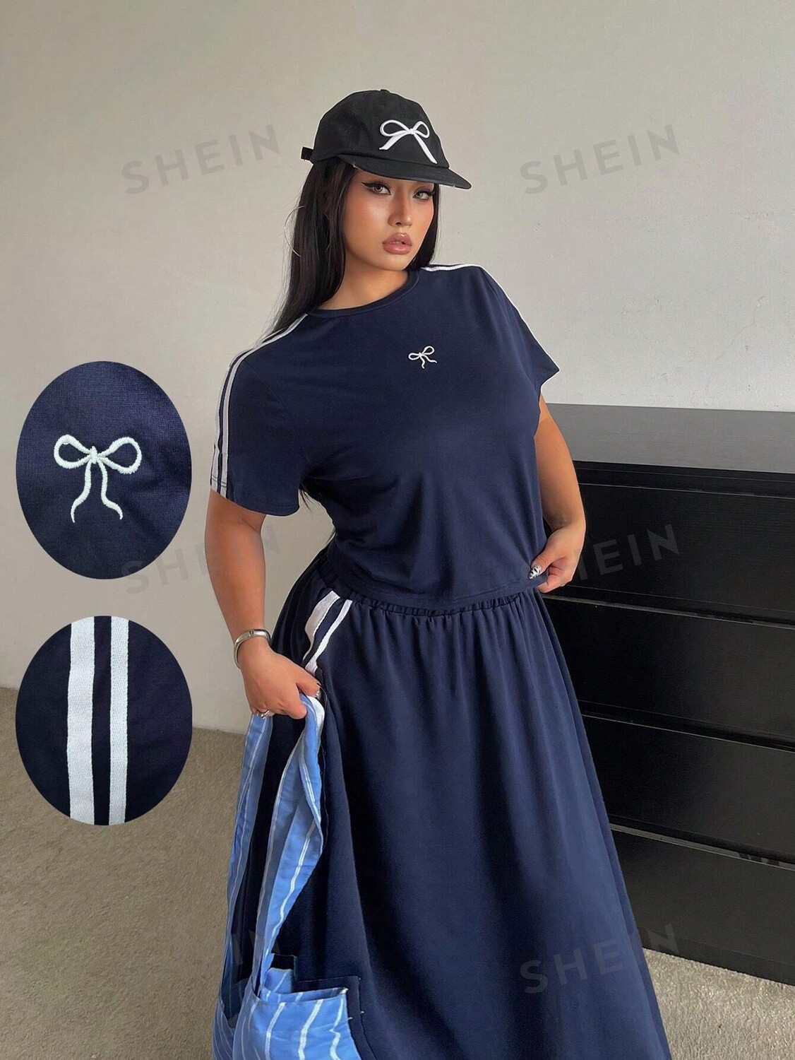 

POPSWAY Комплект из двух предметов больших размеров: блузка с бантом на шею и полосатая юбка с расклешенной талией, элегантная мода Shein, синий