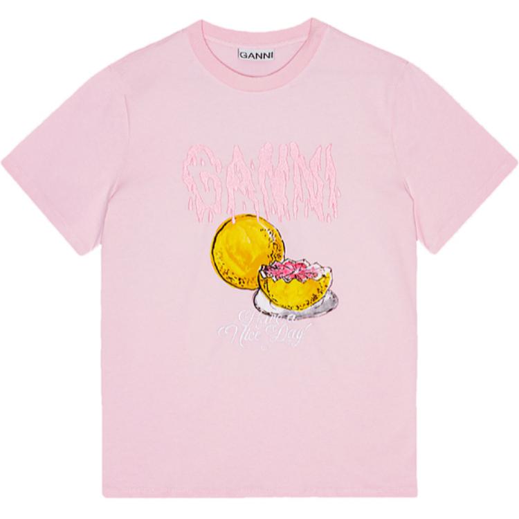 

Футболка с графическим принтом и аппликацией логотипа GANNI, Chalk Pink