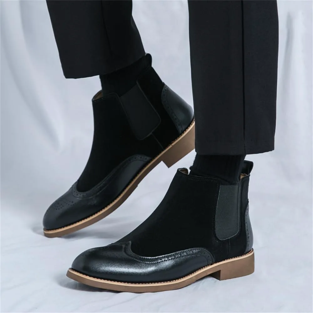Мужские ботинки Chelsea Ankle с брогом, ретро-заостренные, плотные рабочие ботинки на каблуке Abborora, черный — фото 3