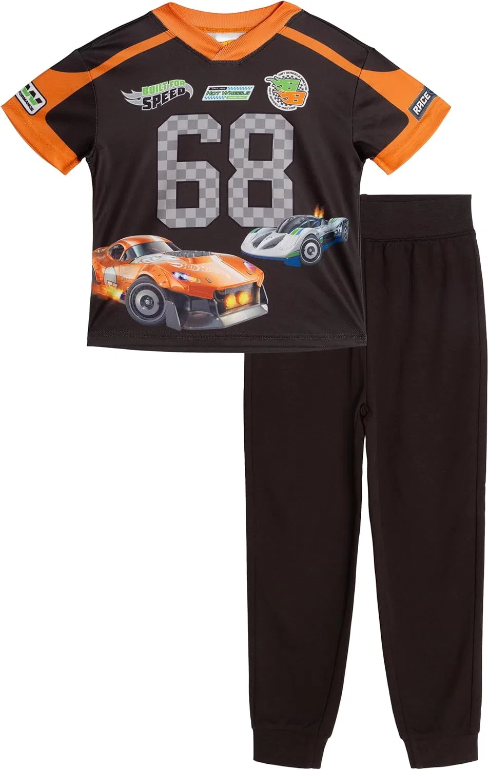 Комплект одежды: футболка Hot Wheels с V-образным вырезом из сетчатой ткани и спортивные штаны из французского трикотажа. Размеры для малышей и детей младшего возраста (2T - 7-8), Dark Gray/Orange