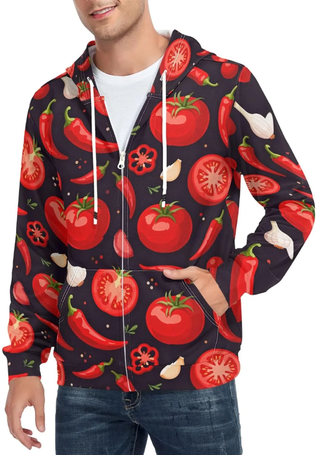 

Мужская худи с полной молнией Tomato Pepper Garlic Red Black с длинными рукавами и карманом CUPADA