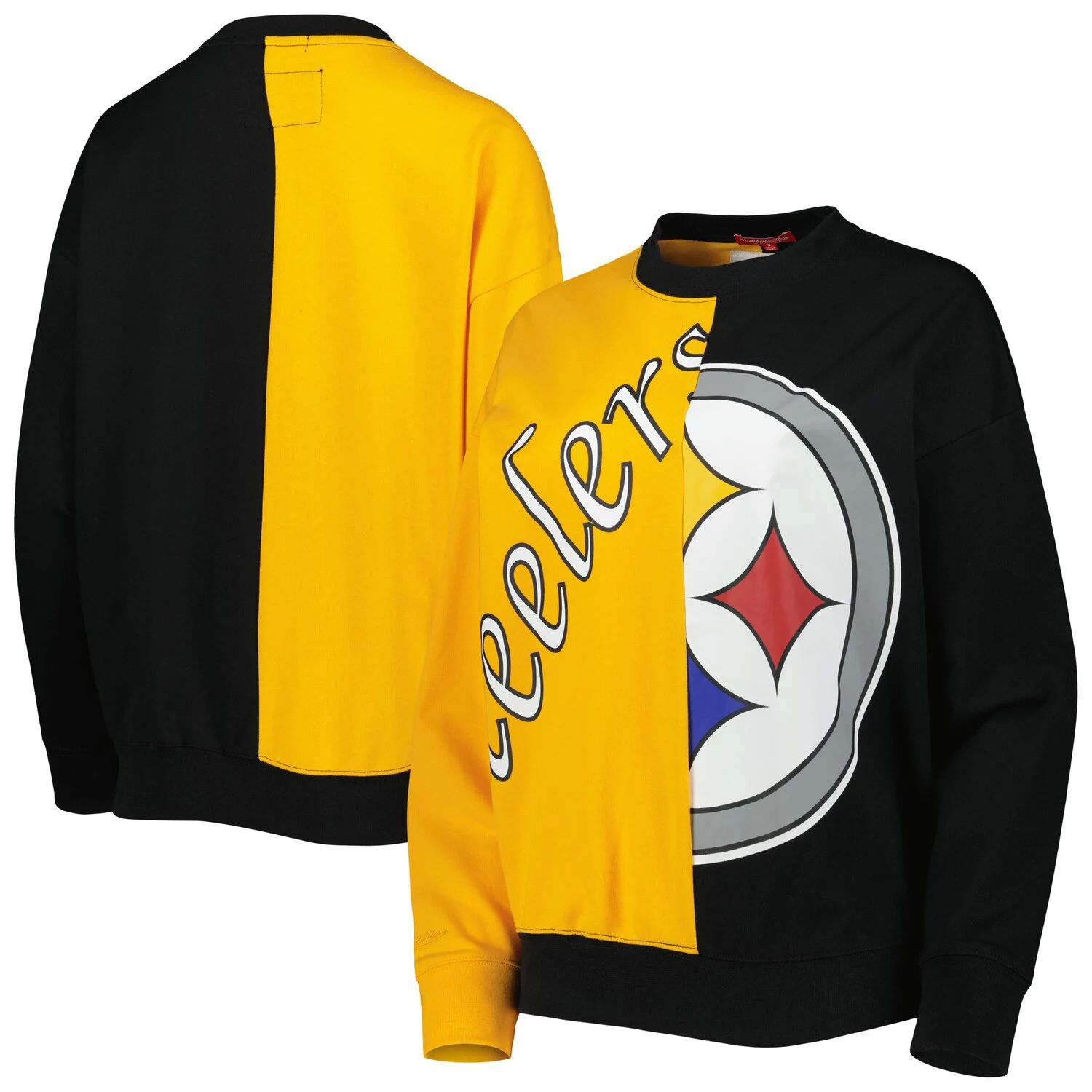 

Женский пуловер с большим лицом Mitchell & Ness, черный/золотой свитшот Pittsburgh Steelers