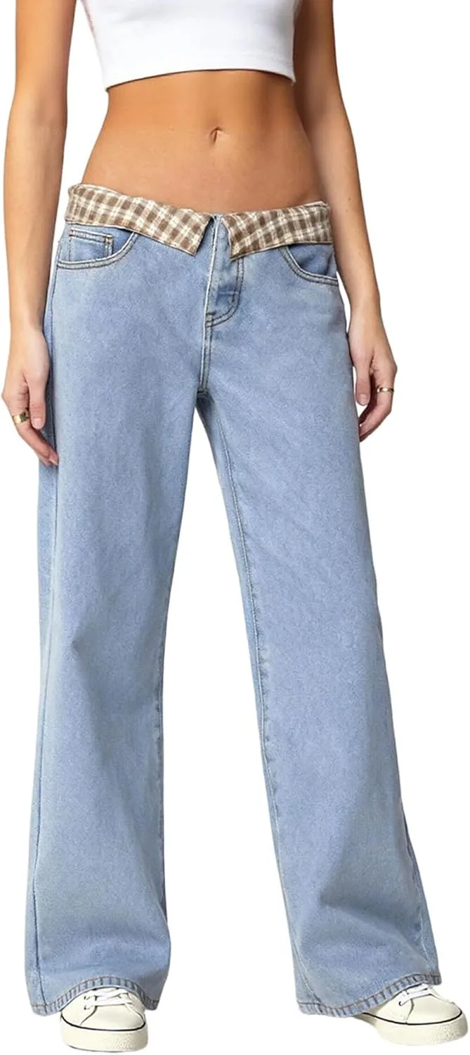 

Женские джинсы Y2k в клетку с низкой посадкой и свободным кроем QTLUOYE