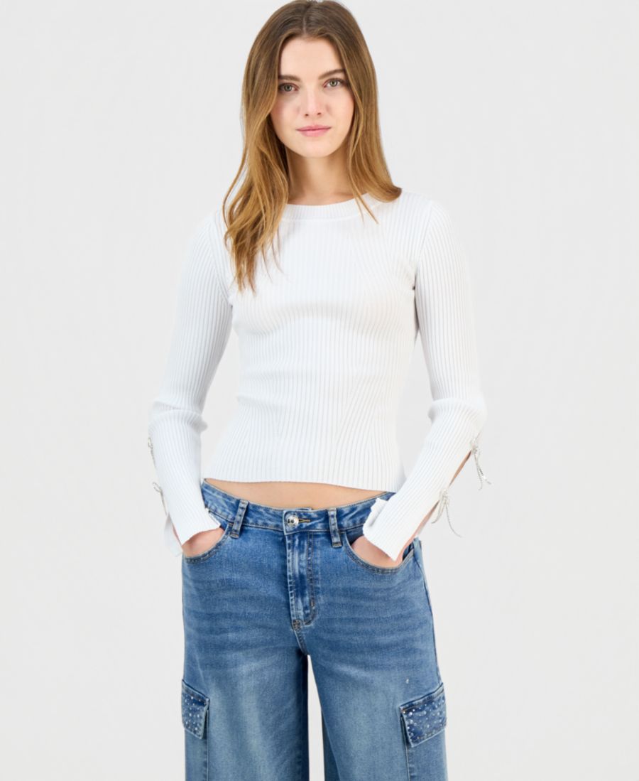 

Детский свитер с вырезом-лодочкой, украшенный стразами и бантом Madden Girl, Ivory