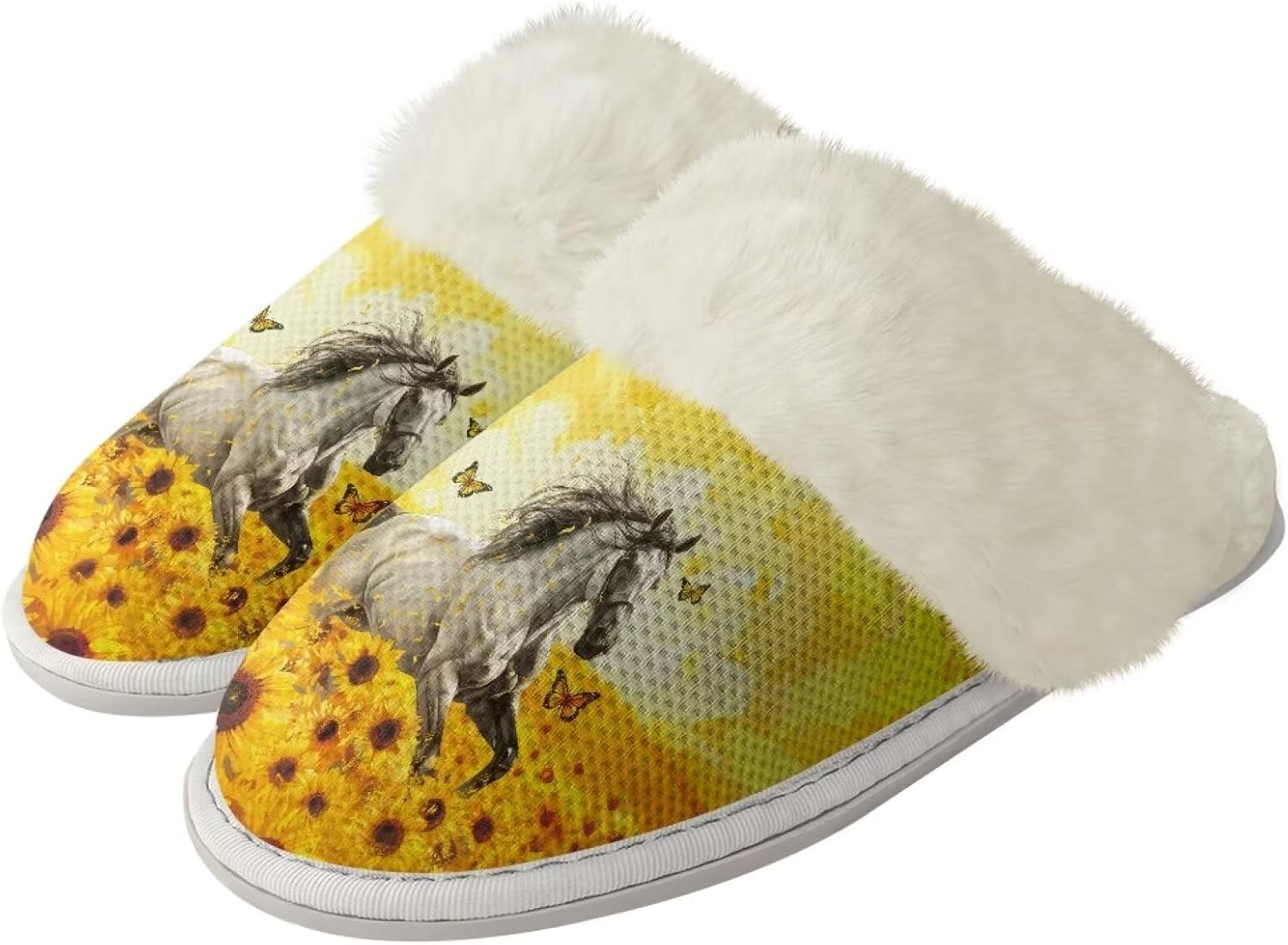 

Домашние тапочки для мужчин и женщин, зимние теплые тапочки на плоской подошве, мягкие плюшевые, закрытый носок, домашняя обувь с резиновой подошвой против скольжения для спа и ванной Watdotory, Sunflower Horse Butterfly