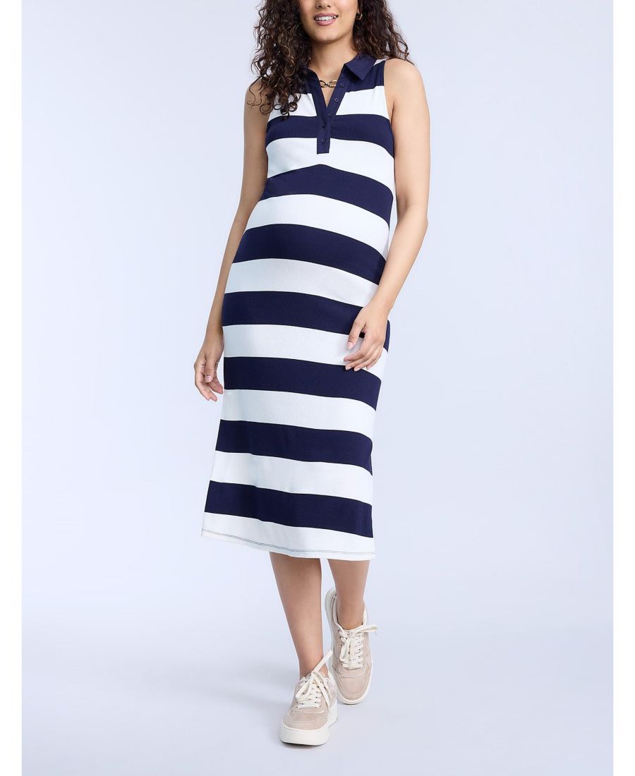 

Женское миди-платье-поло без рукавов с воротником - для беременных Motherhood Maternity, Navy & white stripe