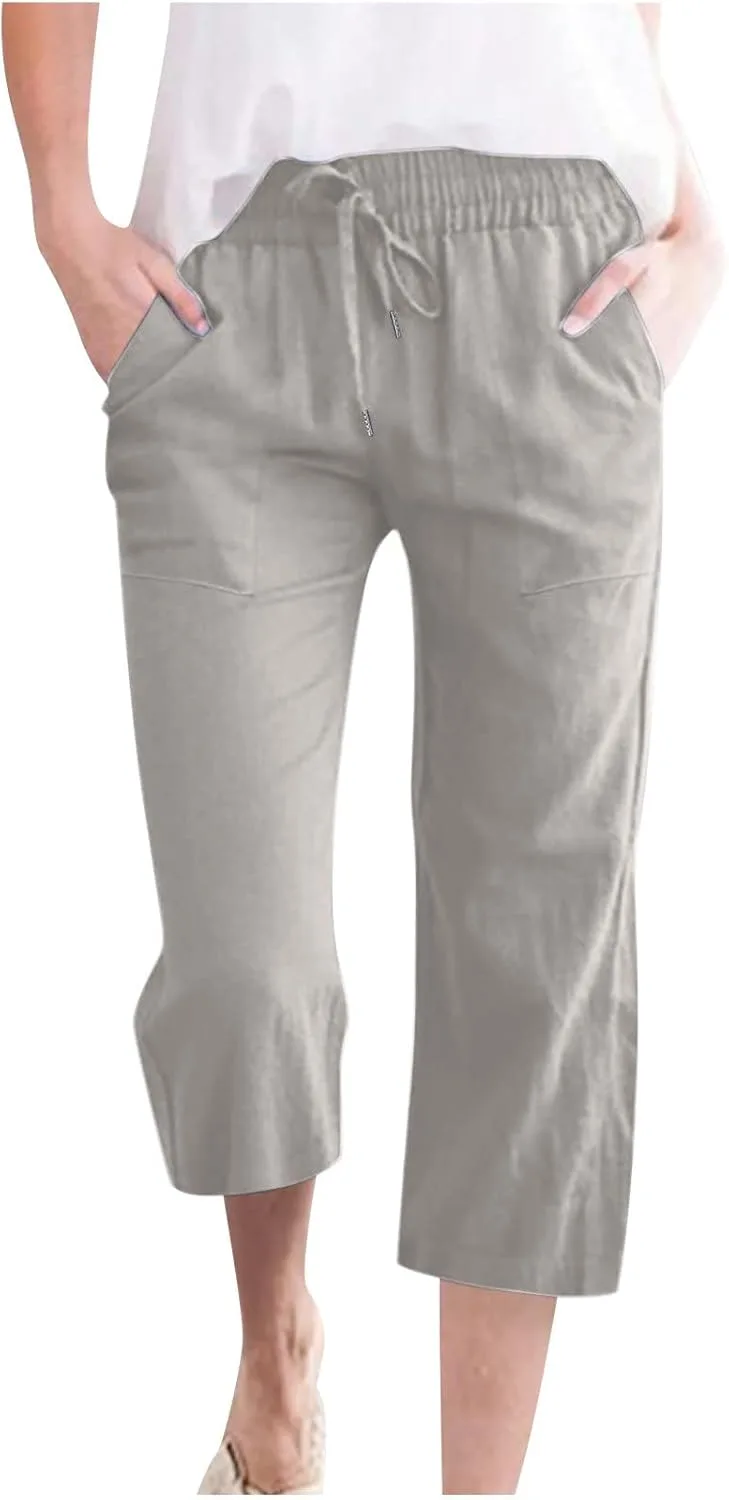 

ABABC льняные капри для женщин, прямые широкие, на резинке