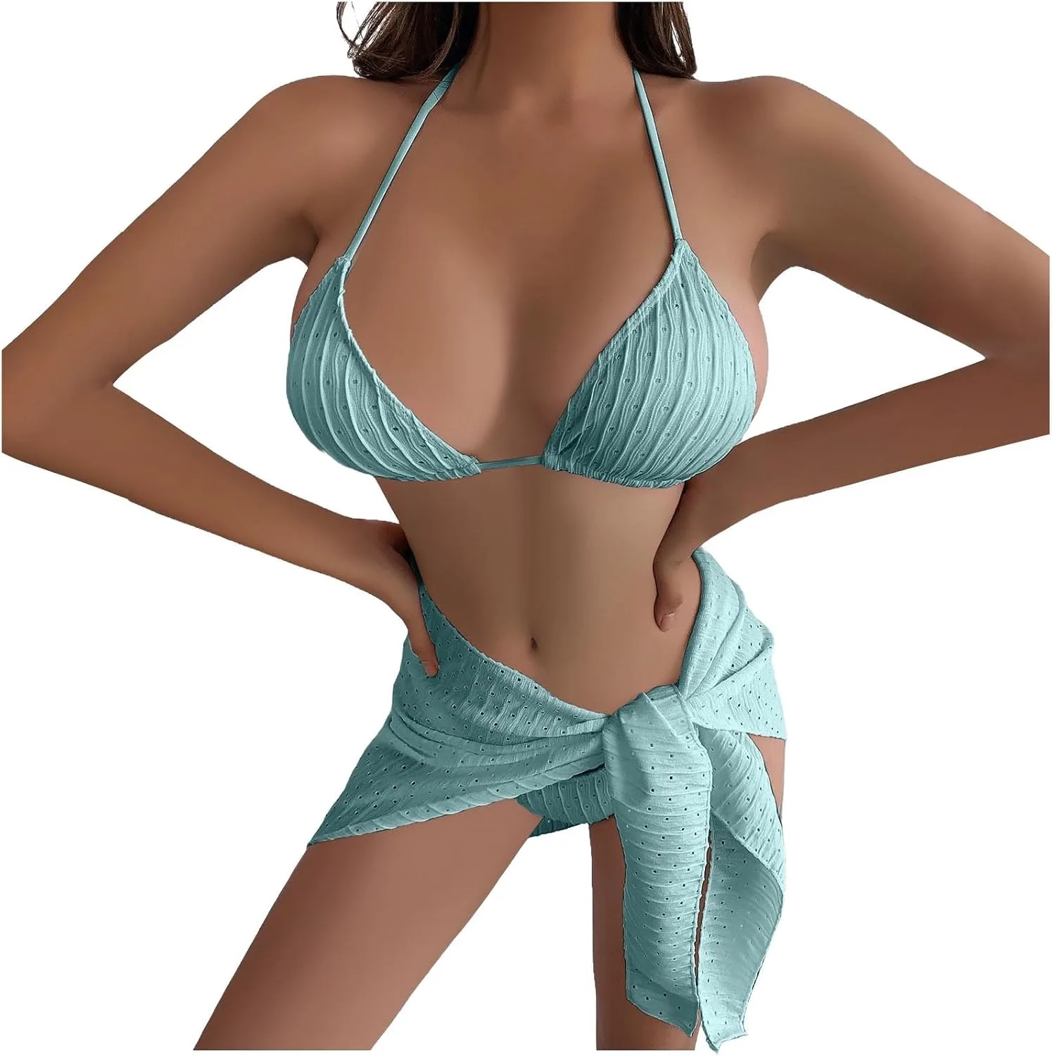 Женский купальник-бикини треугольной формы с завязками, сексуальный, с эффектом пуш-ап и высоким вырезом, состоящий из двух частей, летний пляжный купальник с юбкой Generic, зеленый — фото 2