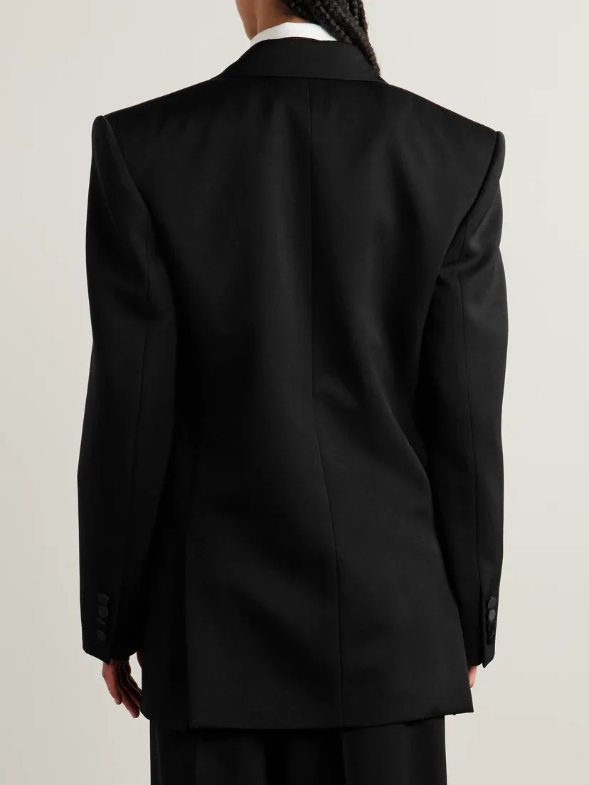 Двубортный шерстяной пиджак с атласной отделкой SAINT LAURENT, черный — фото 3