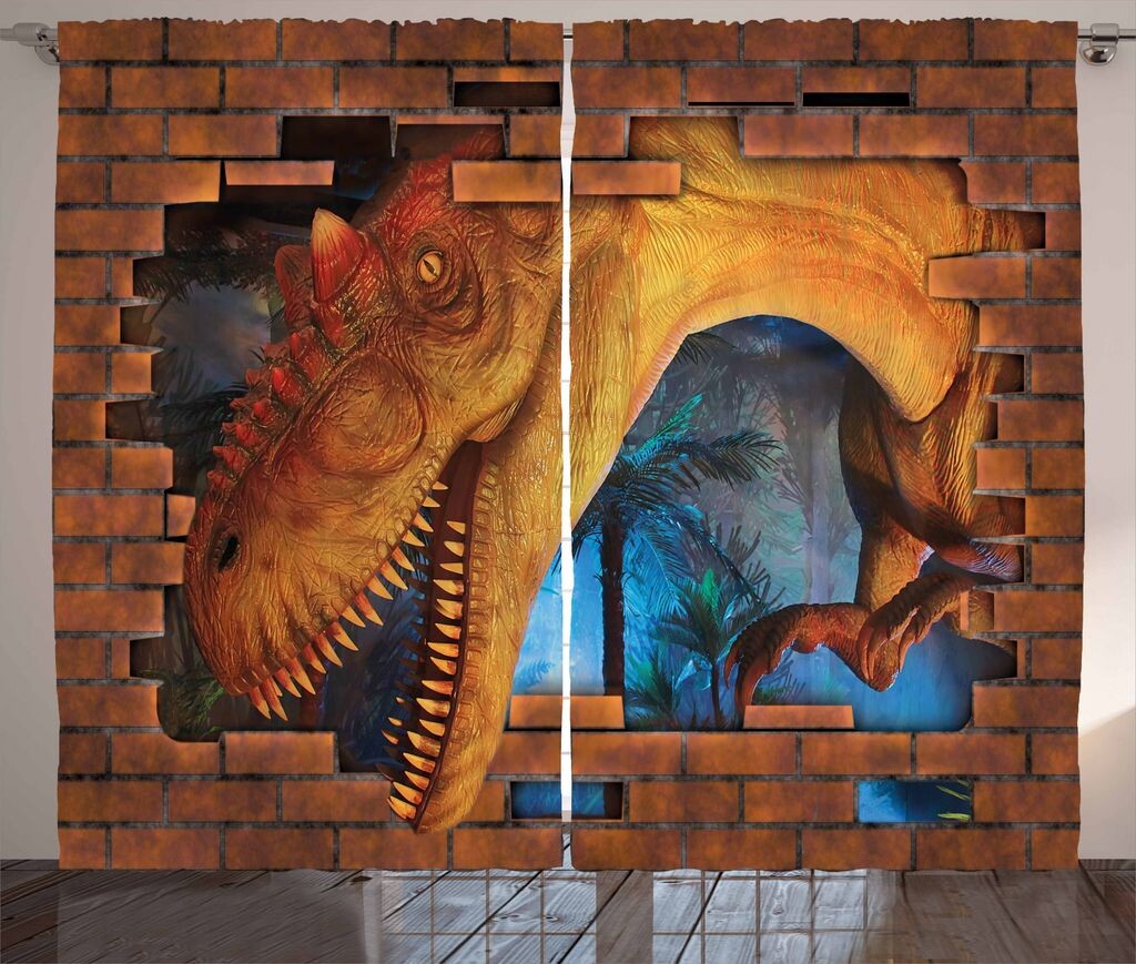 

ABAKUHAUS Занавеска в деревенском стиле с динозавром, Dino Breaks Brick Wall, универсальные ленточные шторы для гостиной с петлями и крючками, 280 x 225 см, оранжевый цвет морской волны