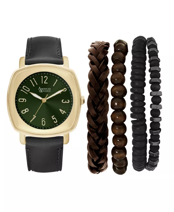 

Мужские аналоговые часы на черном кожаном ремешке 46 мм с набором браслетов в подарочной упаковке American Exchange