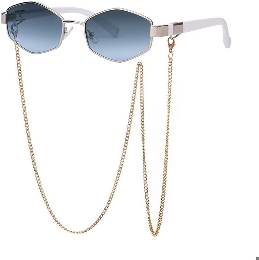 

Модные ретро-солнцезащитные очки в форме шестиугольника с цепочкой для женщин. Уникальные многоугольные солнцезащитные очки для женщин в маленькой оправе GHVWYX, C5grayblue