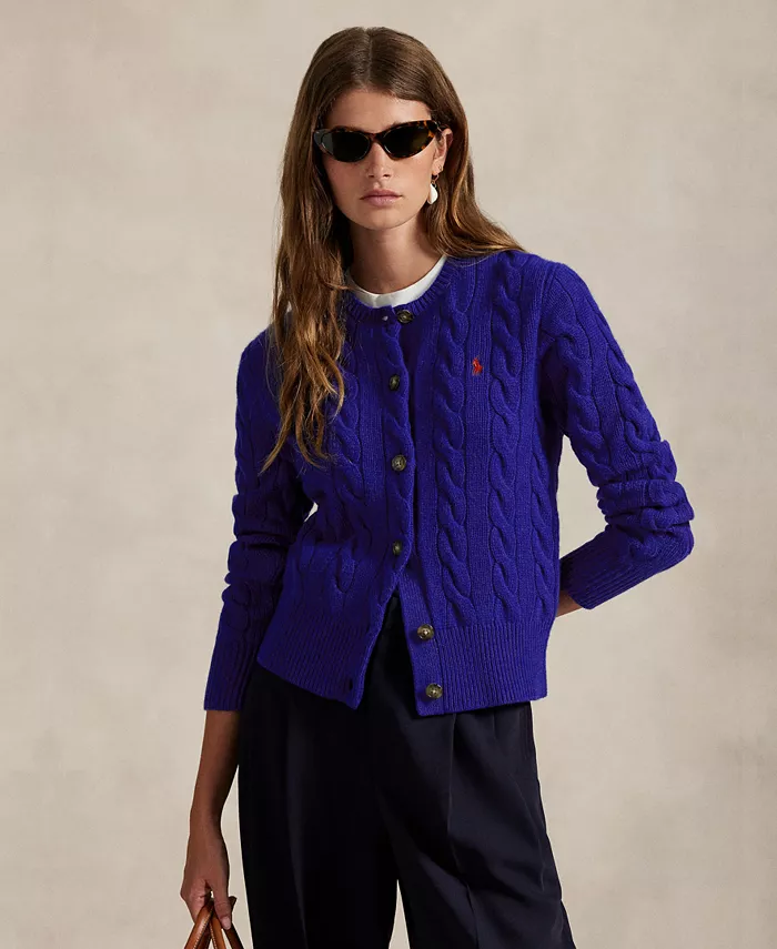 

Женский кардиган-свитер из шерсти и кашемира с косичной вязкой Polo Ralph Lauren, синий