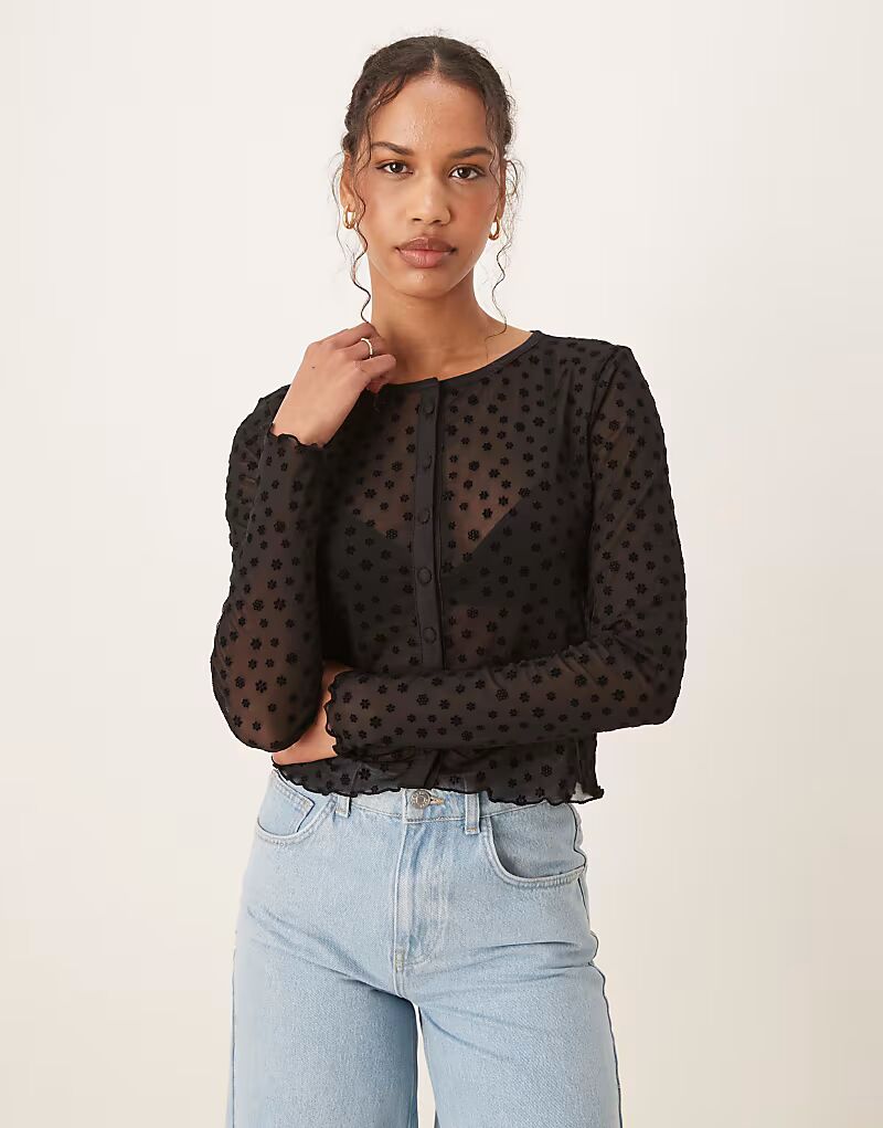 

Топ с длинными рукавами из сетчатой ​​ткани с цветочным узором ASOS DESIGN черного цвета