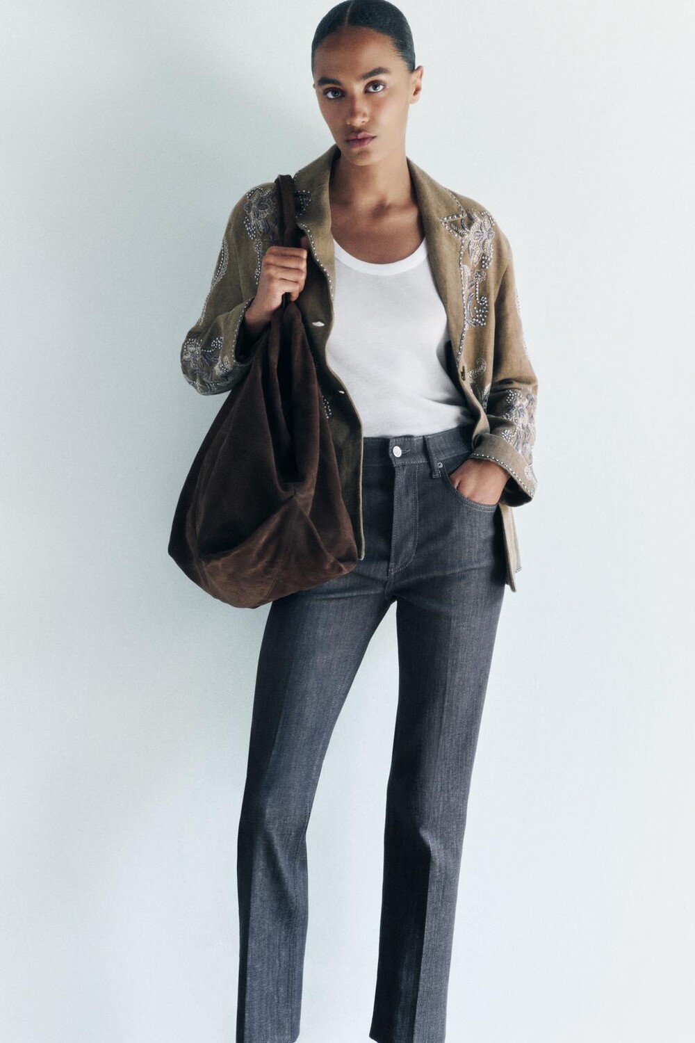 

Укороченные джинсы bootcut с высокой талией ZARA, серый