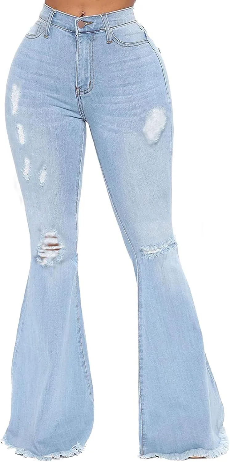 

Винтажные джинсы Bell Bottom для женщин с высокой талией, рваными дырами и необработанным краем ZonJie