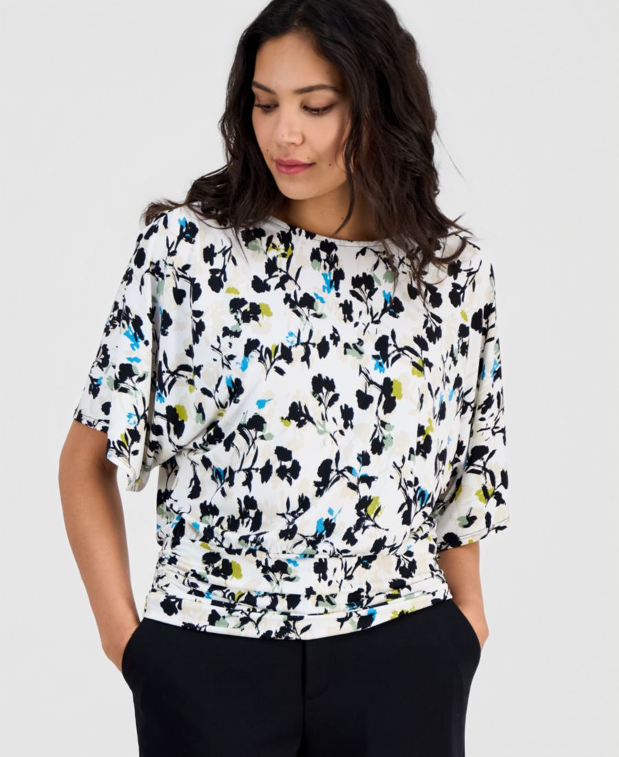 

Женская футболка с круглым вырезом и окантовкой, эксклюзивно от Macy's INC International Concepts, Mela Blooms Wht