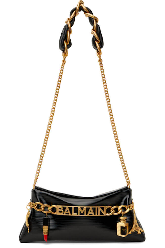 

Черная сумка 1945 года из мягкой лакированной кожи в полоску Balmain