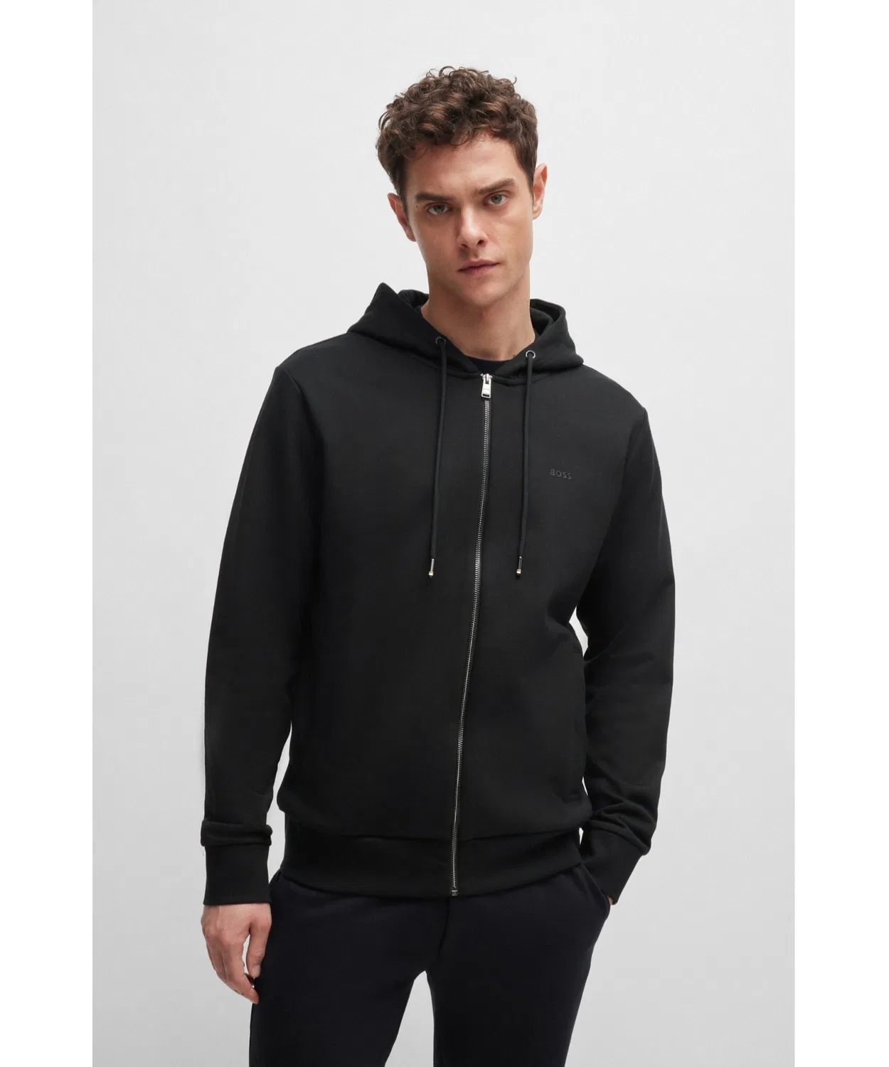 Худи на молнии Boss Black с логотипом, 100% хлопок, черный