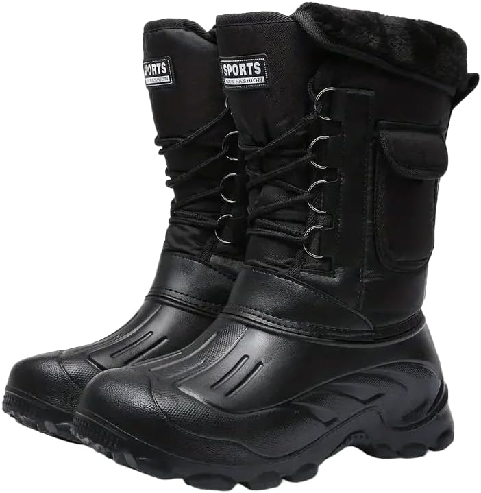 

Мужские премиальные зимние высокие ботинки - черная водоотталкивающая кожа с подкладкой из искусственного меха, шнуровка, для активного отдыха на улице, рыбалки, работы в снегу и комфорта в холодную погоду Clolinde