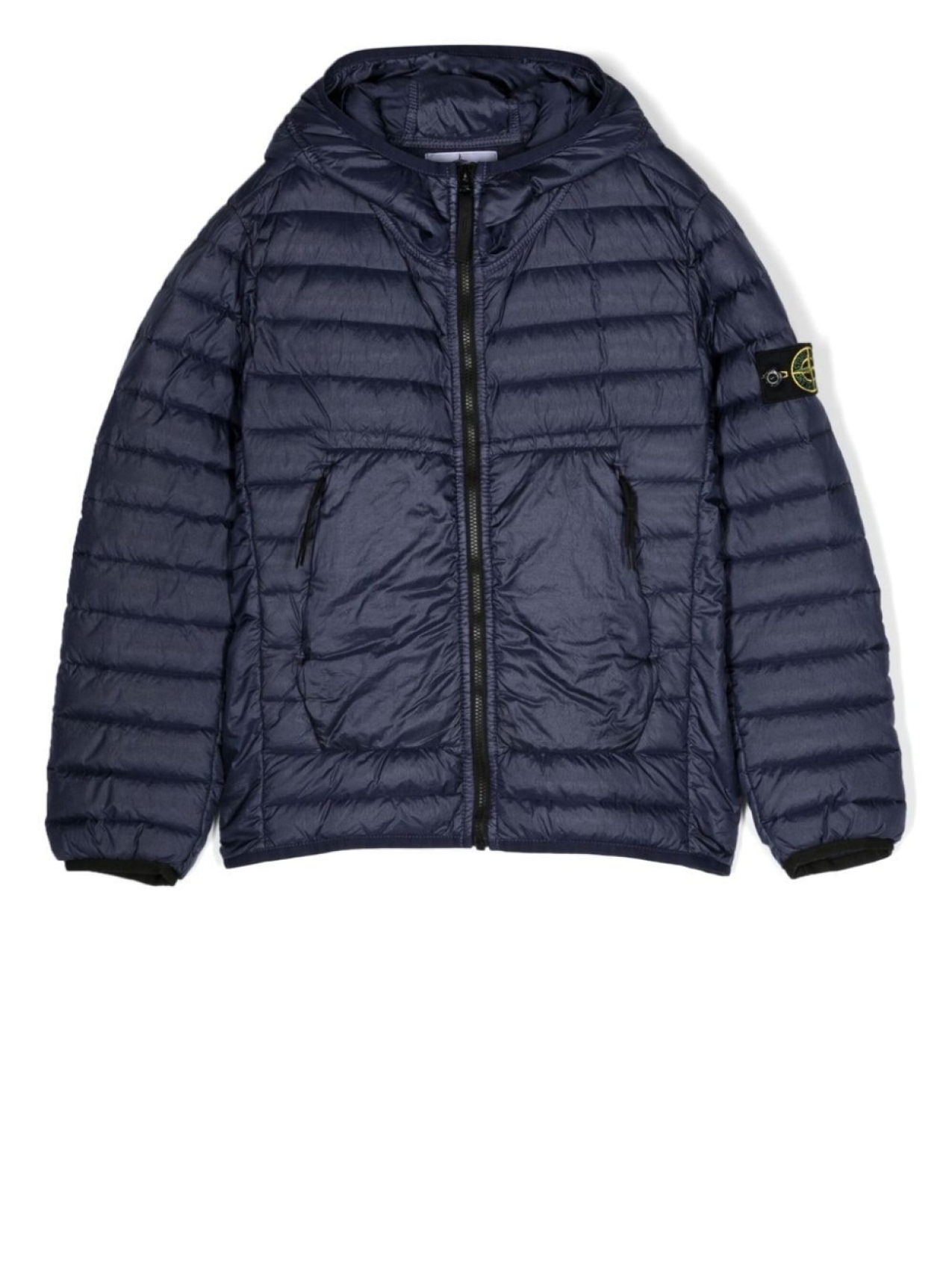 

Stone Island Junior пуховик с нашивкой на рукаве и капюшоном, синий