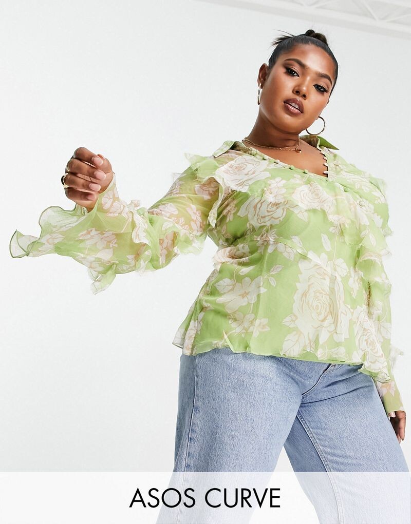 

Зеленая блузка с рюшами, оборками и пуговицами по краю ASOS DESIGN Curve