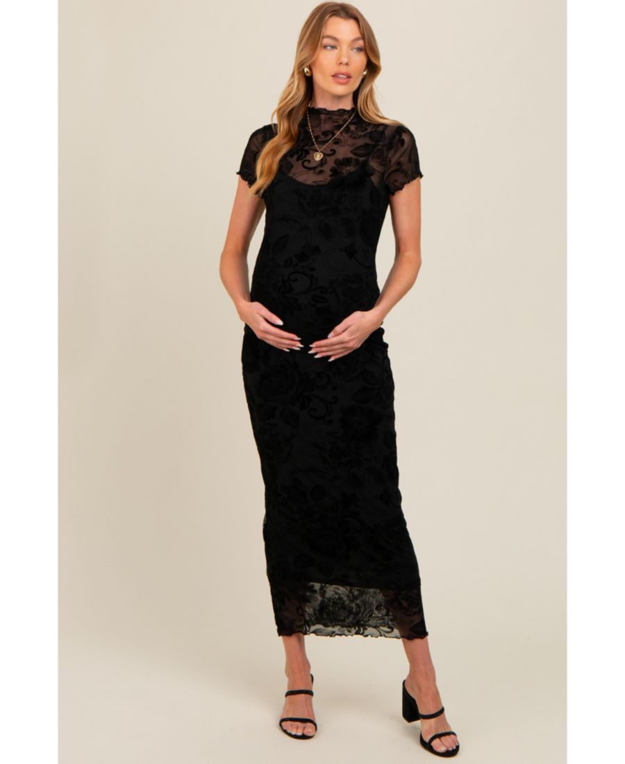 

Черное облегающее макси-платье для беременных с цветочным сетчатым верхом Pinkblush, Black
