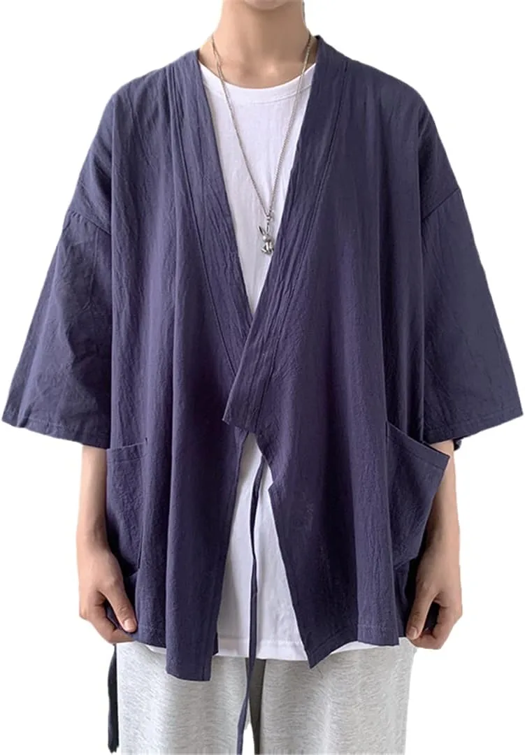 

Мужской кимоно кардиган в японском стиле винтаж однотонный свободный тонкий хлопок лен Bewellan
