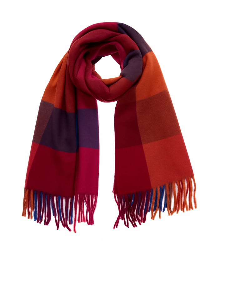 

Мягкий вязаный шарф с бахромой и геометрическим рисунком красного и темно-синего цветов. Faera