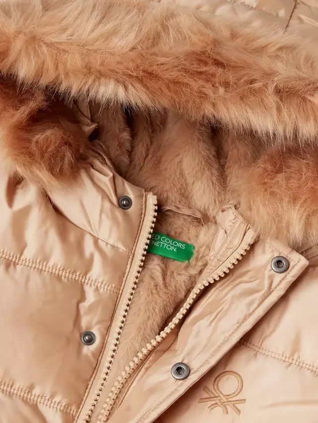 Детская пуховая куртка с подкладкой из искусственного меха, бежевая Benetton — фото 3