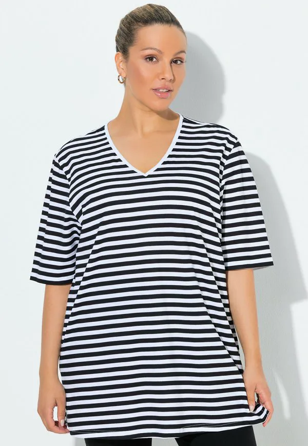 

Футболка с v-образным вырезом в полоску Ulla Popken, Black, Черный, Футболка с v-образным вырезом в полоску Ulla Popken, Black