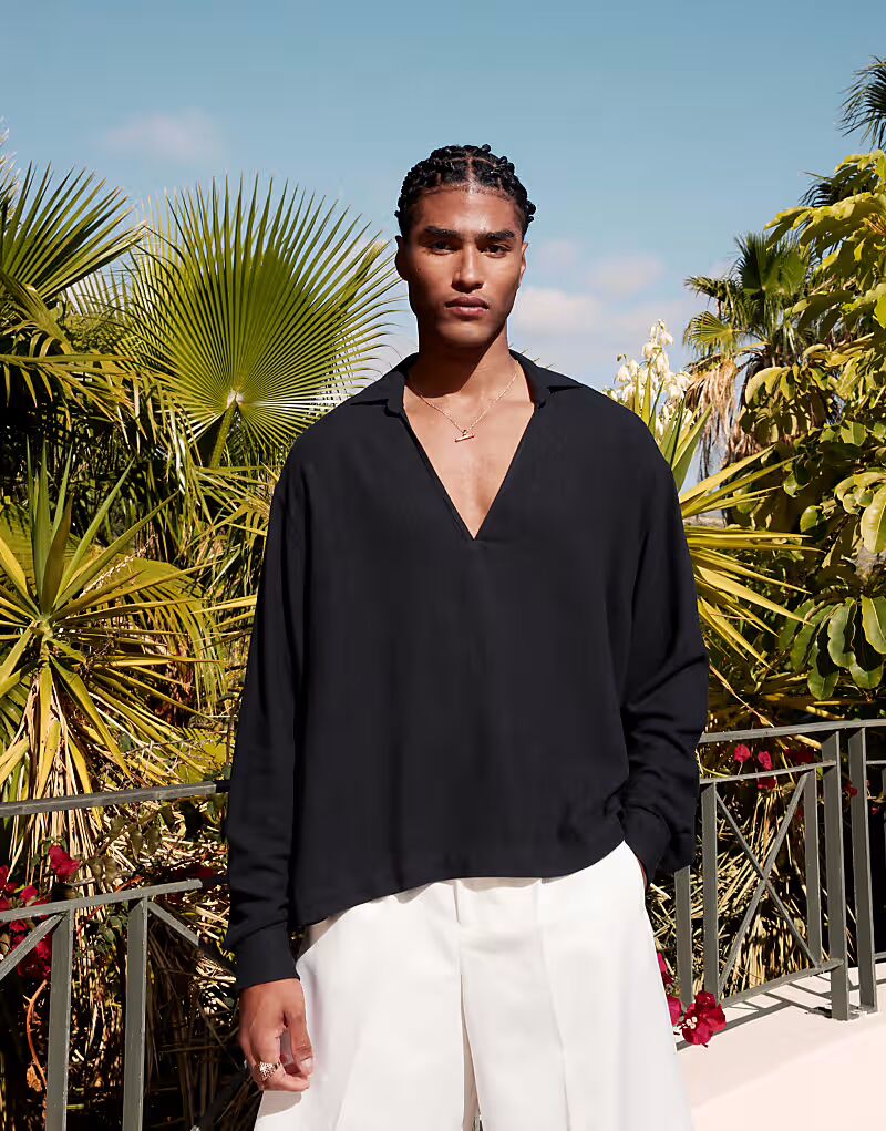 

Рубашка свободного кроя ASOS DESIGN свободного кроя из фактурной льняной смеси черного цвета
