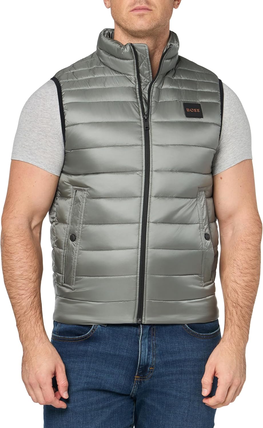 

BOSS Мужская легкая нейлоновая пуховая жилетка с нашивкой-логотипом, Fossil Grey