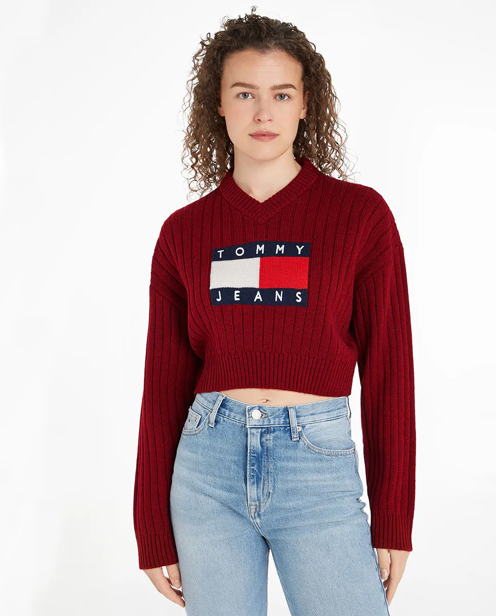

Женский укороченный свитер с V-образным вырезом Tommy Jeans, цвет Granate