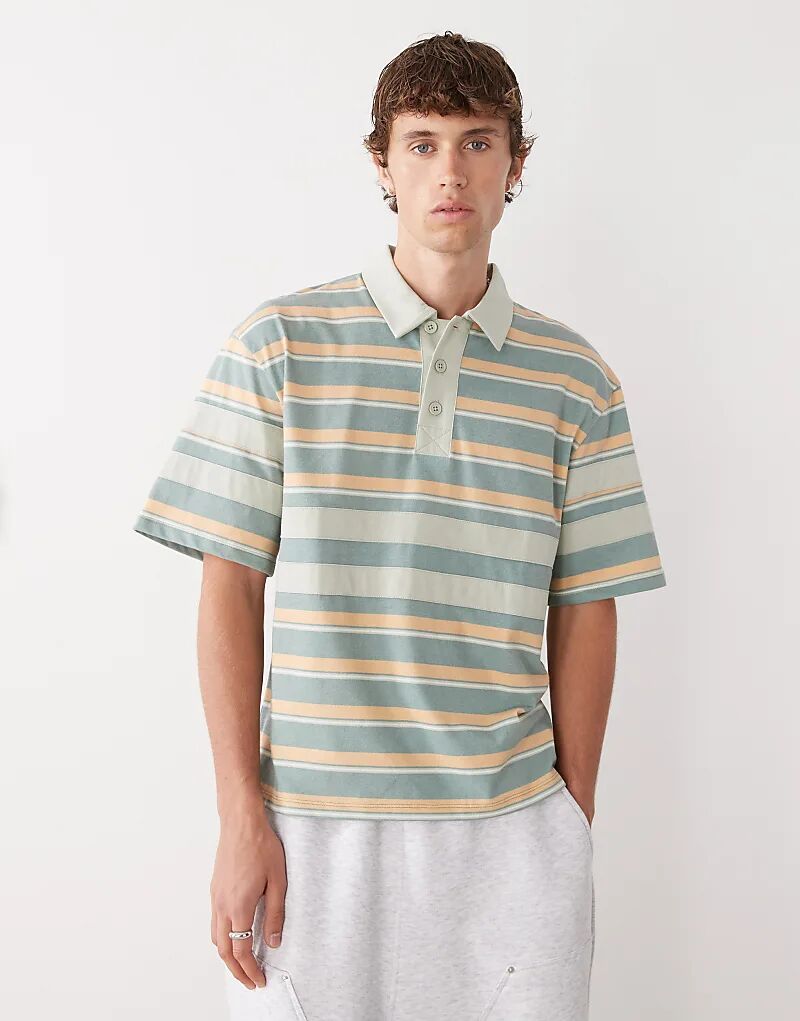 

Рубашка-поло Reclaimed Vintage с короткими рукавами в зелено-оранжевую полоску