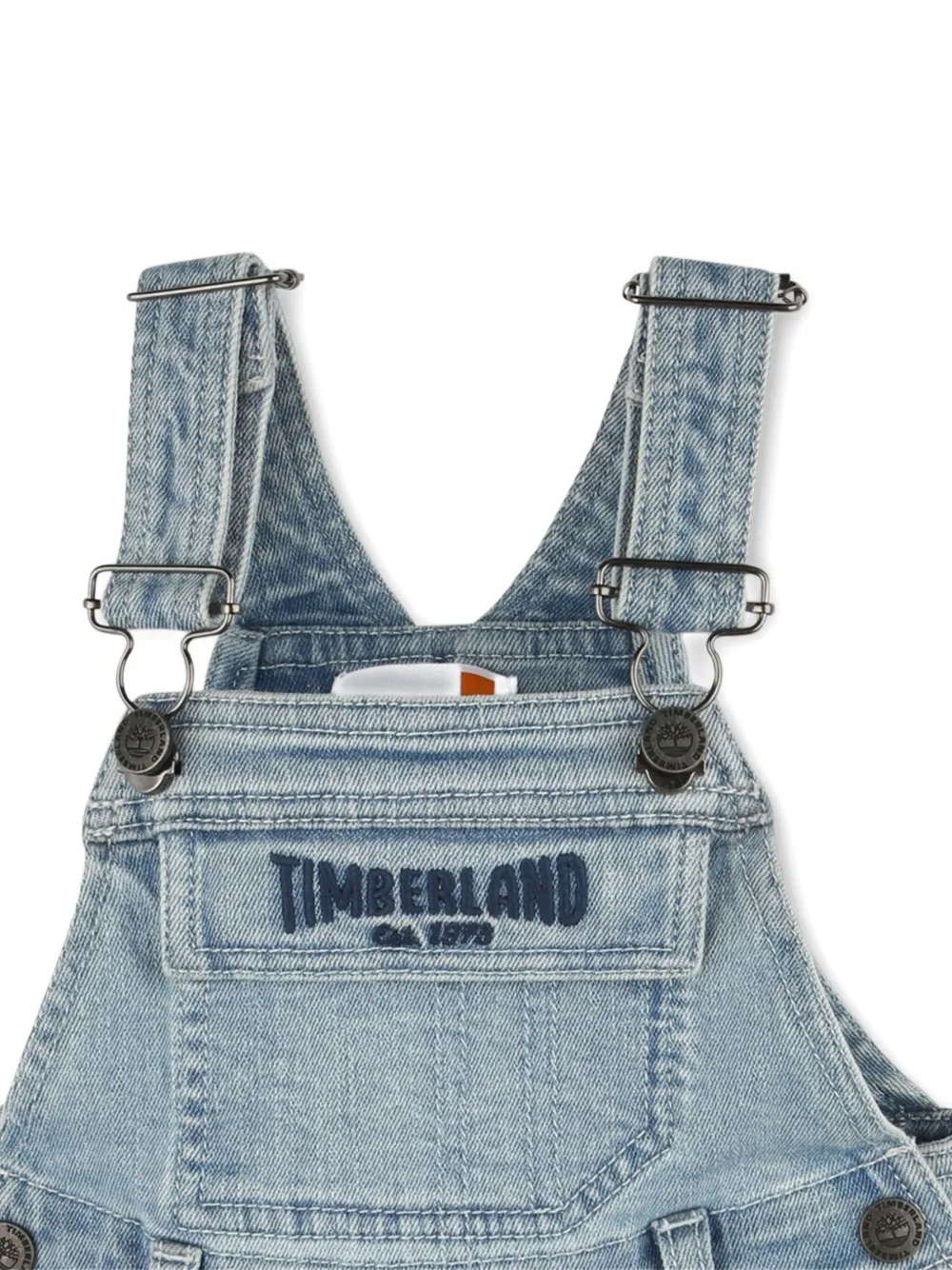 Джинсовый комбинезон с вышитым логотипом Timberland Kids, синий — фото 3