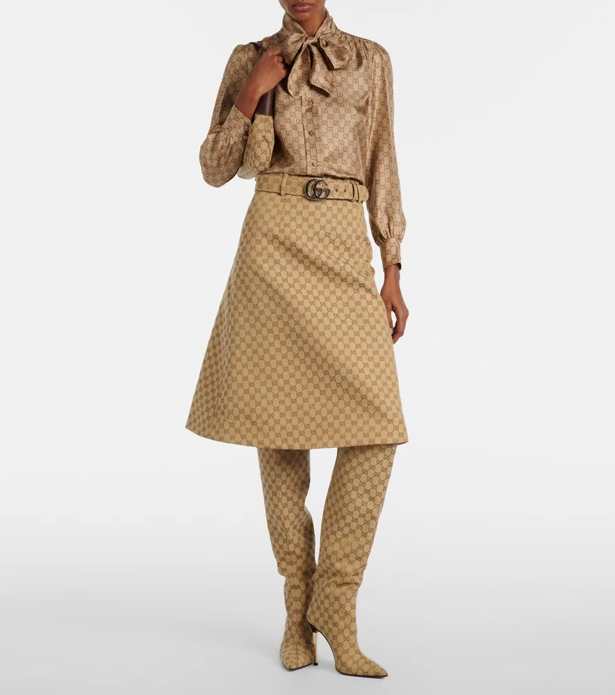 Юбка миди Gucci GG Canvas, с кожаной вставкой, бежевый — фото 2