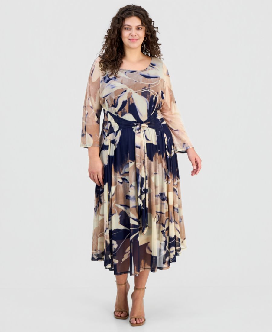 

Платье миди из сетчатой ткани с принтом и круглым вырезом, большого размера Robbie Bee, Navy Multi