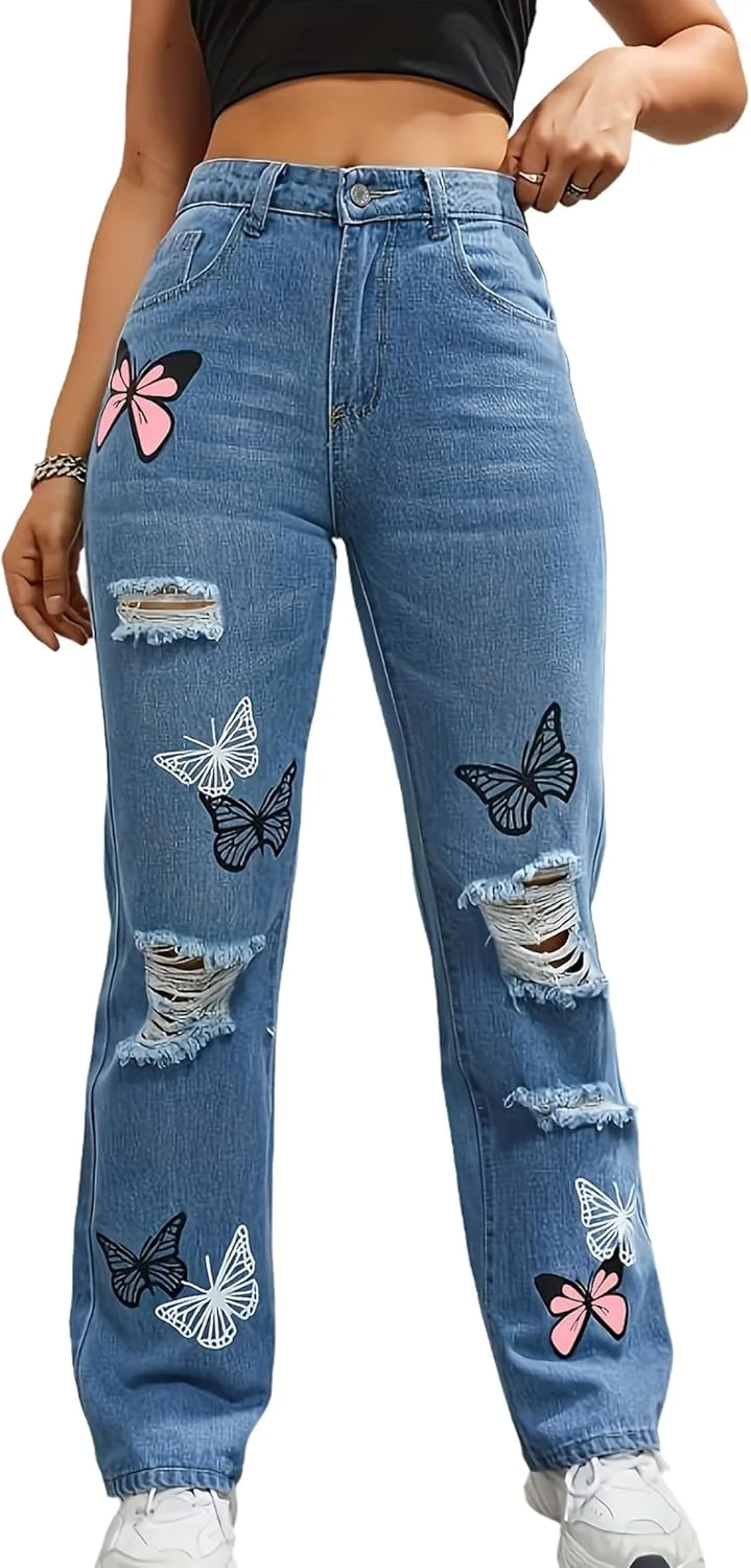 

Джинсы женские High Waisted Straight Leg с принтом бабочки TACSTRUN