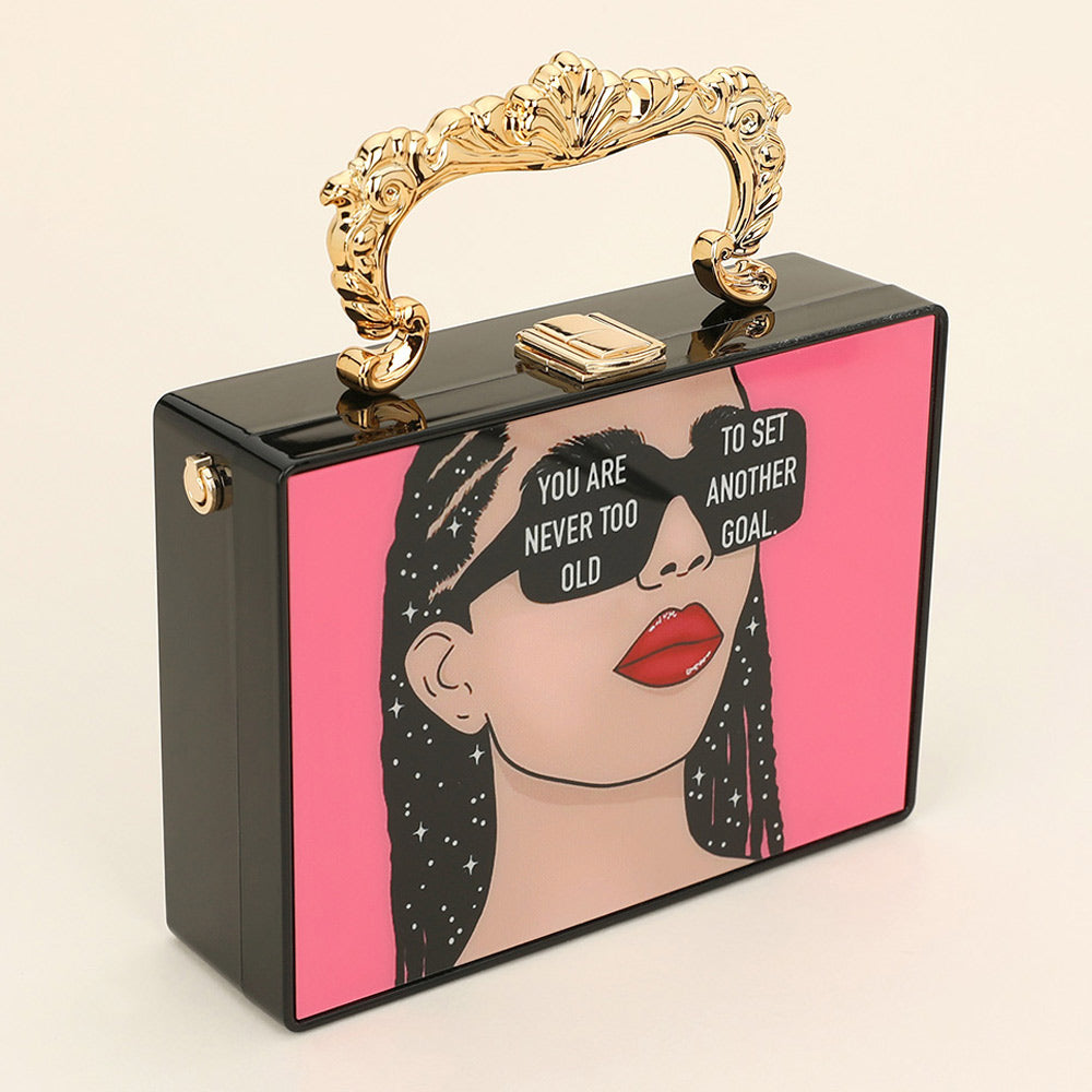 

Ретро поп-арт дама НИКОГДА НЕ ПОЗДНО ПОСТАВИТЬ НОВУЮ ЦЕЛЬ принтованная коробочная клатч-сумка или кроссбод FASHNZFAB, черный