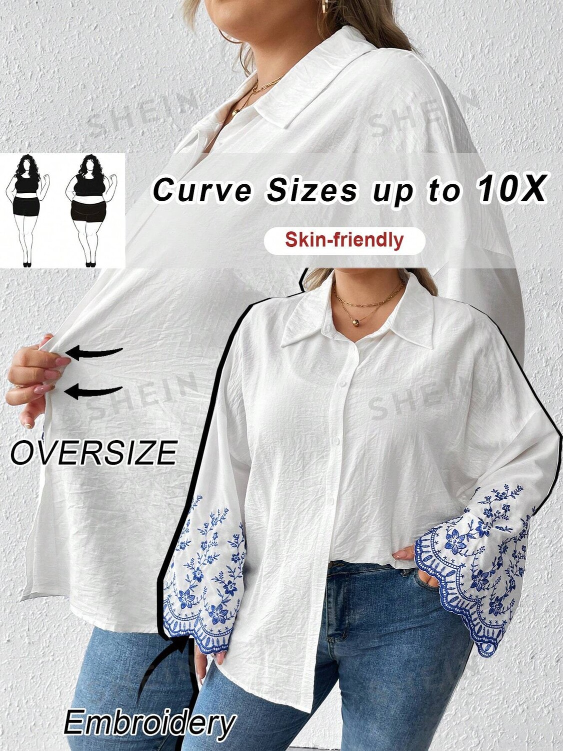 

CURVE+ Одежда с цветочным принтом, свисающие плечи, большой размер Shein, белый