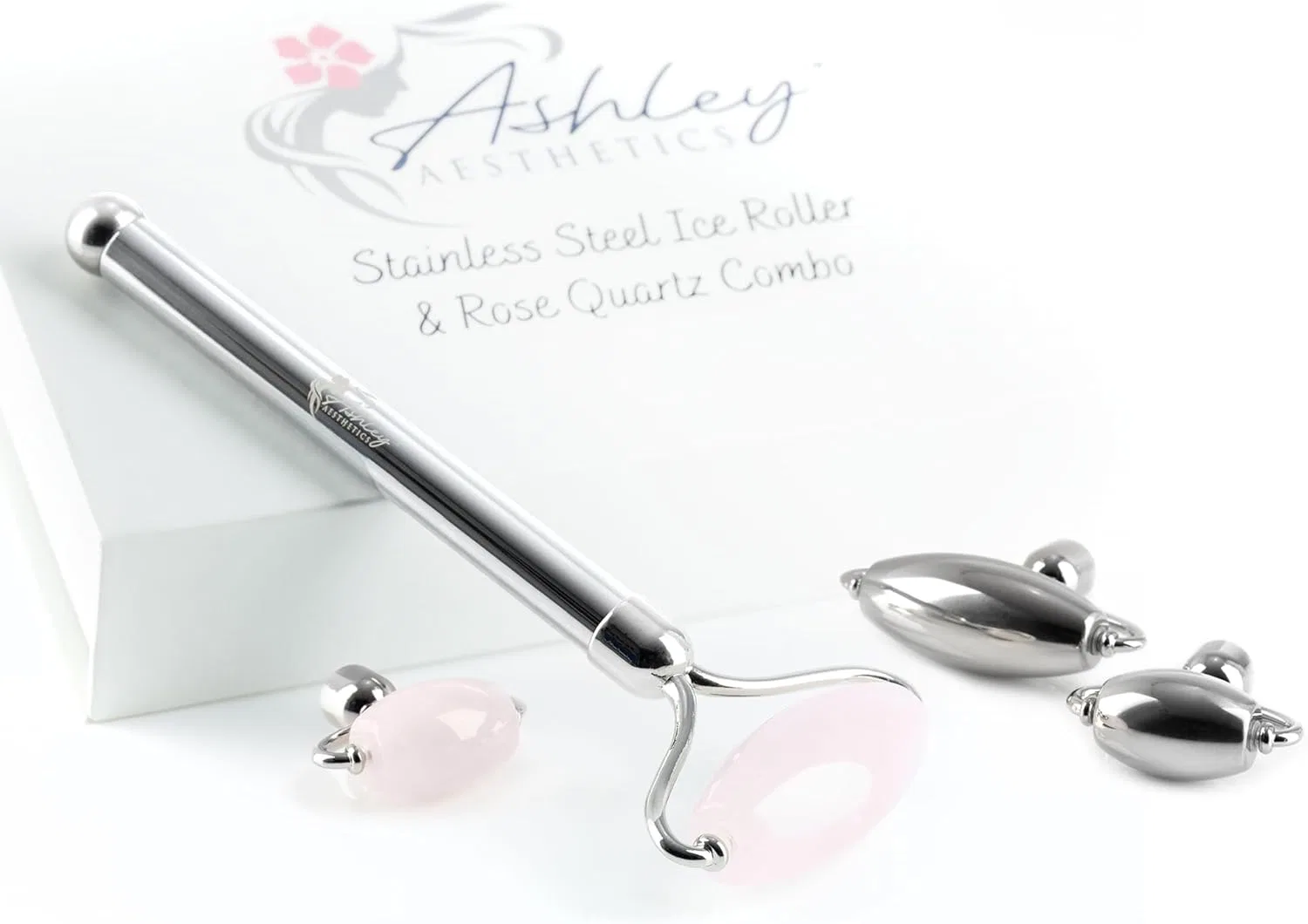 Набор для лица: ролик из нержавеющей стали и розовый кварц Ashley Aesthetics розовый