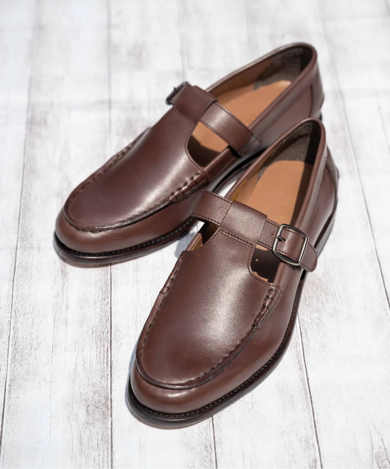 Мужские кожаные T-strap лоферы BICASH #119 коричневые