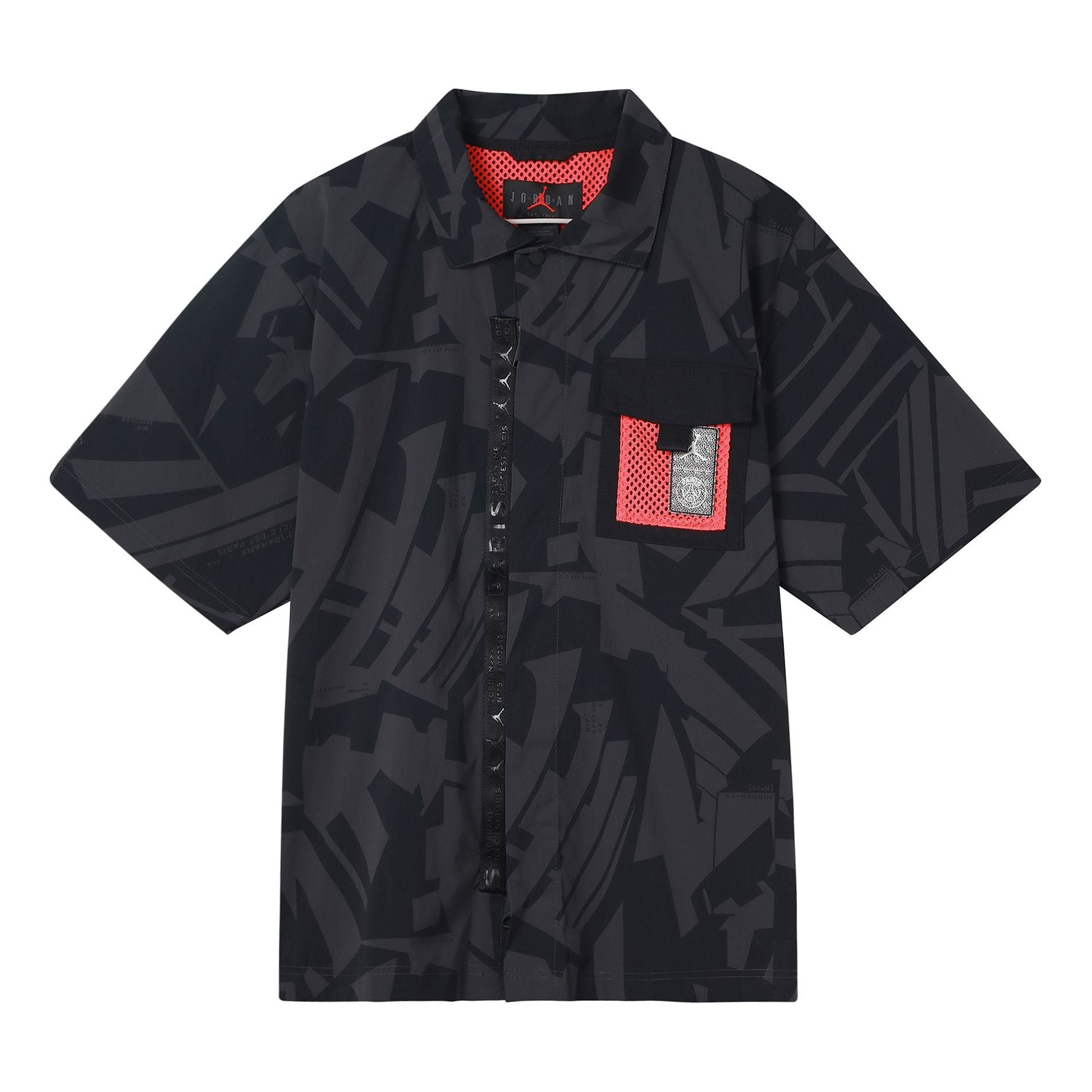 

Рубашка Men's Air Jordan Logo Full Print Chest Zipper Cardigan Short Sleeve Black Shirt