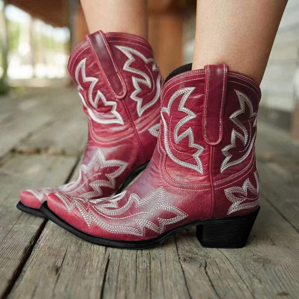 Женские ковбойские ботинки Hbeylia Винтажная вышивка, заостренный носок, массивные средние каблуки, западные ковбойские ботинки, ретро, слипы, широкие ботинки до середины голени, для езды, ботильоны для рыцарей, красный — фото 2