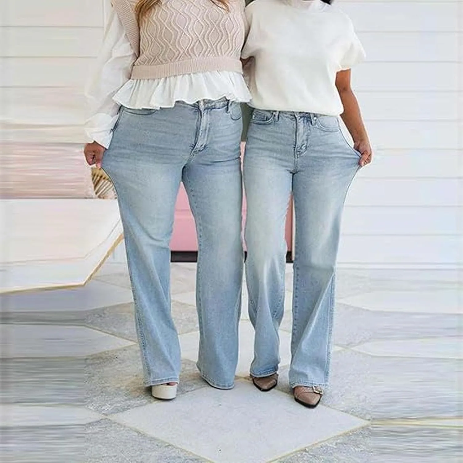 Винтажные джинсы Plus-Size Stretchy, Casual High Waisted Tummy Control, Wide Leg — фото 4