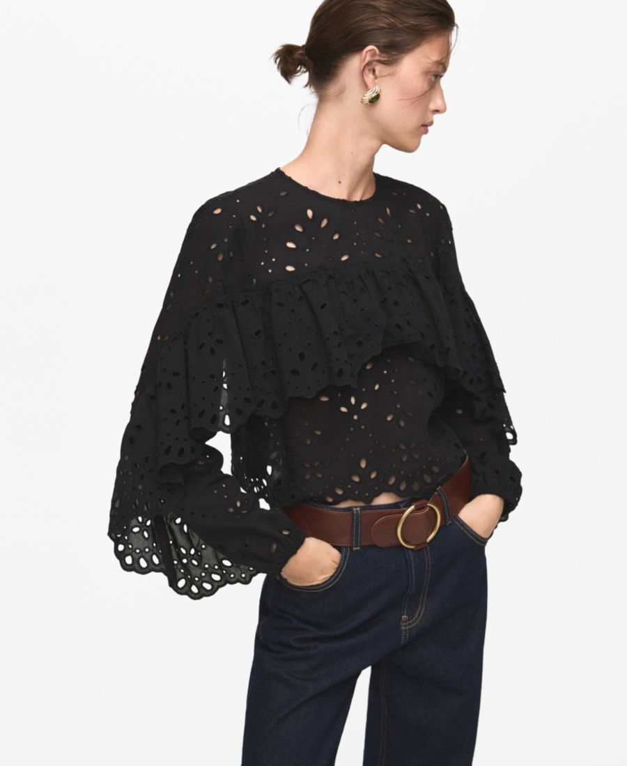 

Женская блузка с вышитыми кружевными оборками MANGO, Black